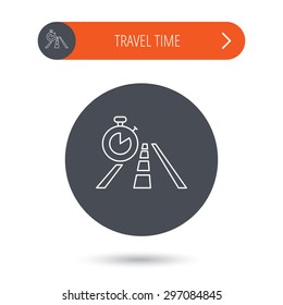 Travel time icon. Road with timer sign. Gray flat circle button. Orange button with arrow. Vector