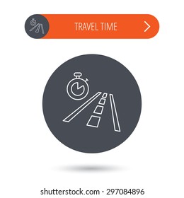 Travel time icon. Road with timer sign. Gray flat circle button. Orange button with arrow. Vector