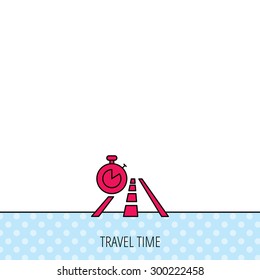Travel time icon. Road with timer sign. Circles seamless pattern. Background with red icon. Vector