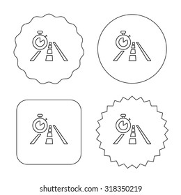 Travel time icon. Road with timer sign. Flat circle, star and emblem buttons. Labels design. Vector