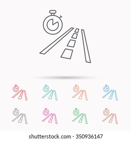 Travel time icon. Road with timer sign. Linear icons on white background.