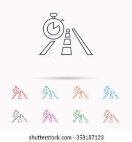 Travel time icon. Road with timer sign. Linear icons on white background.