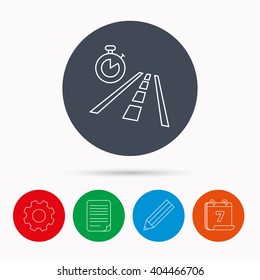Travel time icon. Road with timer sign. Calendar, cogwheel, document file and pencil icons.
