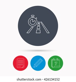 Travel time icon. Road with timer sign. Calendar, pencil or edit and document file signs. Vector