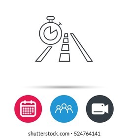 Travel time icon. Road with timer sign. Group of people, video cam and calendar icons. Vector