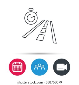 Travel time icon. Road with timer sign. Group of people, video cam and calendar icons. Vector