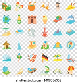 Travel time icons set. Cartoon style of 36 travel time vector icons for web for any design