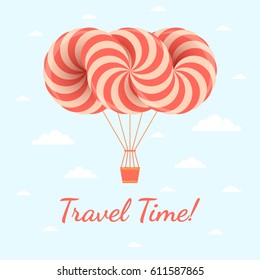 Travel time illustration. Vector postcard with airship on blue sky