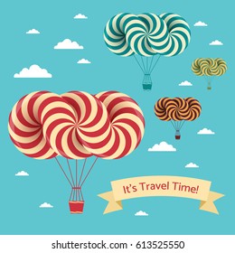 Travel time illustration. Vector postcard with airship and clouds on blue sky