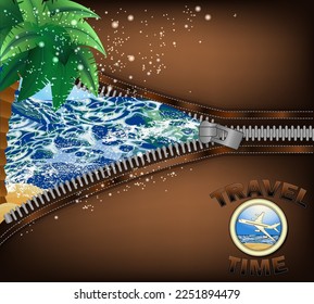 Travel Time invitation card with zipper and palm tree, vector illustration