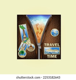 Travel Time invitation card with zipper and sand footprint, vector illustration	