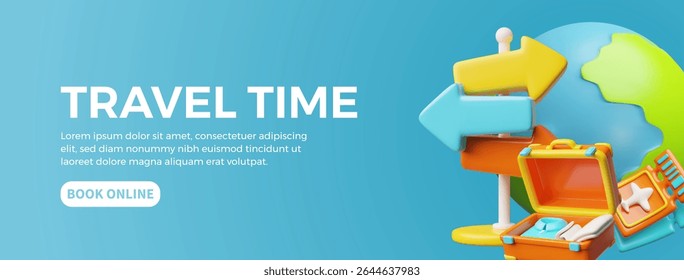 Travel time landing page design. Open suitcase with packed clothes, planet Earth. 3D plastic cartoon style vector illustration. Airplane flight tickets and pointer. Time to travel concept