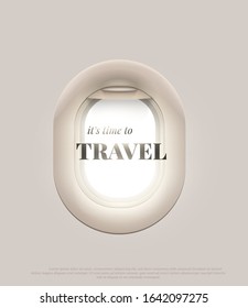 Travel time lettering with porthole plane design. Airplane window. Travelling banner mockup. Tourist vacation advertisement. Journey by aircraft. World discover. Vector adventure illustration