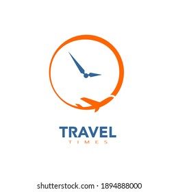 travel time logo a clock and air plane fly around symbol