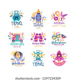 Travel time logo design set, summer vacation, adventures, holidays, tourist agency creative labels, badges vector Illustration