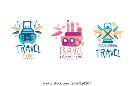 Travel Time Logo Design Set, Adventure Travel Bright Hand Drawn Labels Badges Vector Illustration