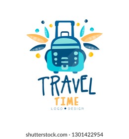 Travel time logo design, summer vacation, weekend tour, tourist agency creative label with suitcase vector Illustration