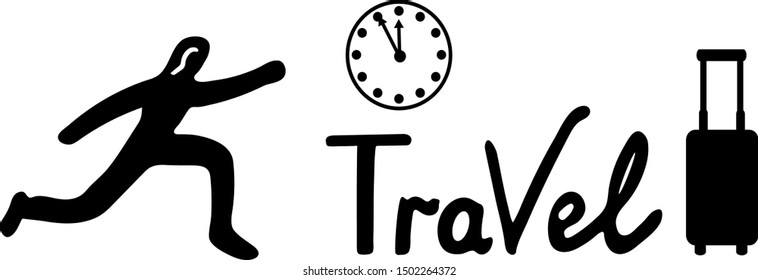Travel time. A man runs on a journey with a suitcase. Hand drawn. Design for banner, postcard, web