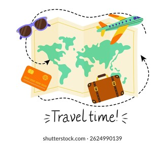 Travel time with map, airplane, sunglasses, and suitcase in preparation for adventure