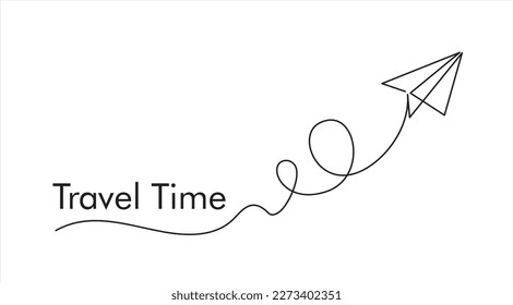 Travel time. One continuous line drawing of origami paper plane flying. Flat design. White background. Single line draw design vector illustration