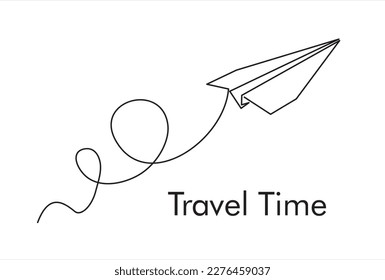 Reisezeit. Eine durchgehende Zeichnung des Origami-Papierflugzeugs. Flaches Design. Weißer Hintergrund. Vektorgrafik-Design für einzelne Linien