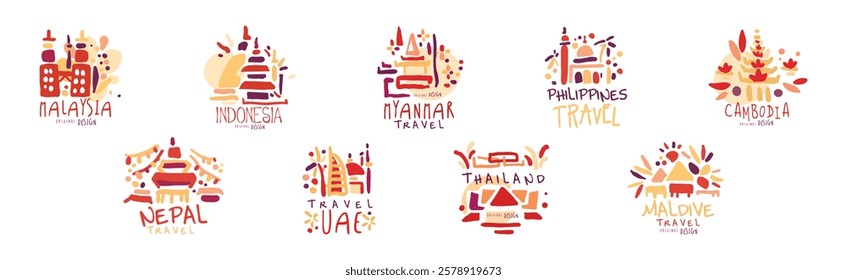 Travel Time Original Label Design with Destination Country Vector Set