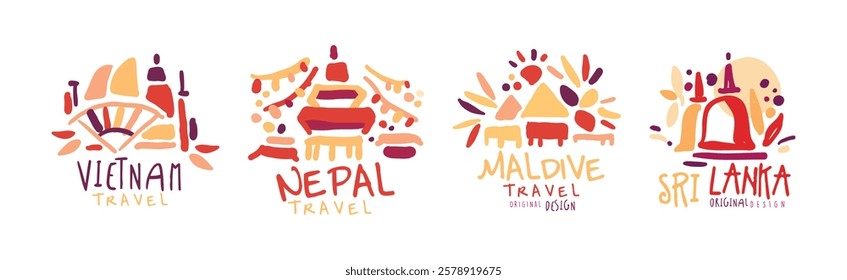 Travel Time Original Label Design with Destination Country Vector Set