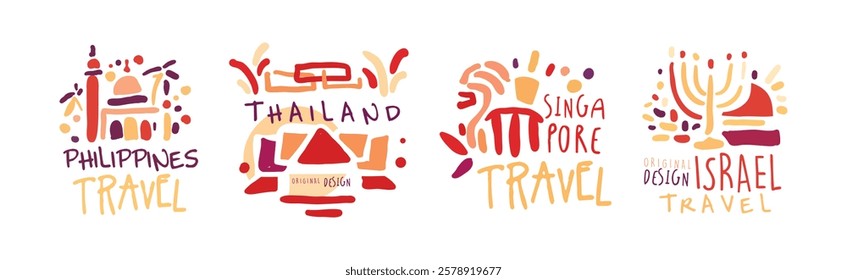 Travel Time Original Label Design with Destination Country Vector Set