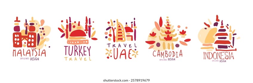 Travel Time Original Label Design with Destination Country Vector Set