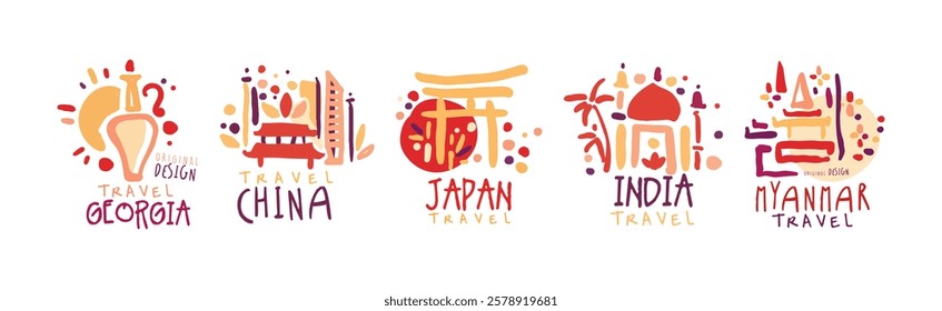 Travel Time Original Label Design with Destination Country Vector Set