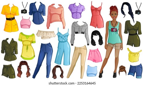 Travel Time Paper Doll with Beautiful Lady, Outfits and Hairstyles. Vector Illustration