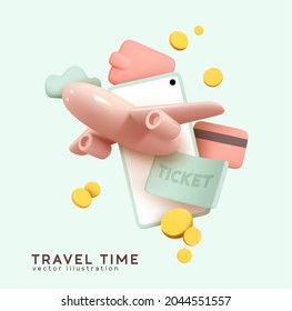 Travel time  Payment for ticket for flight airplane online via mobile phone  Plane in smartphone  Creative idea and realistic 3d design  Business concept volumetric icons  Vector illustration
