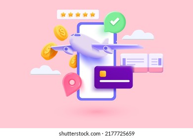 Travel time. Payment for ticket for flight airplane online via mobile phone. Plane in smartphone. Creative idea with realistic 3d design. 3d Vector illustration