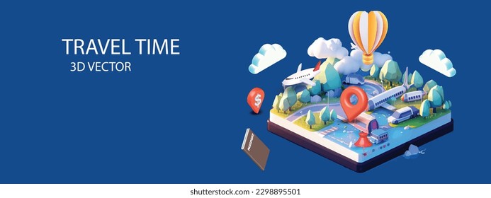 Travel time. Payment for ticket for flight airplane isometric map blue background passport Business concept volumetric icons vector Minimal cartoon 