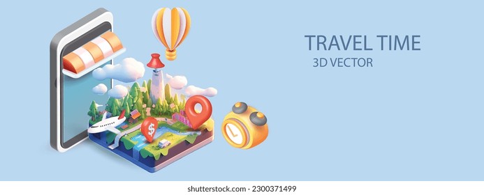 Tiempo de viaje. Pago del billete para avión de vuelo en línea en el mapa del teléfono pasaporte azul de fondo verde azul Concepto de negocios iconos volumétricos 3d Dibujo mínimo