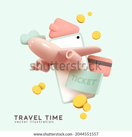 Travel time. Payment for ticket for flight airplane online via mobile phone. Plane in smartphone. Creative idea with realistic 3d design. Business concept volumetric icons. Vector illustration