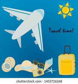 Travel time poster with Travel Item Elements in Blue Background. Vector
