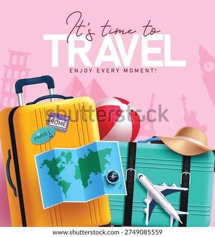 Travel Time poster template clipart design. It's Time to Travel text clip art with suitcase luggage bag, location map, beach ball, hat and airplane traveler elements in pink landmark background for holiday maker adventure trip vector illustration.
