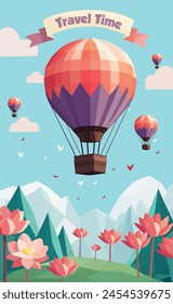 Travel time poster template with low poly hot air balloons with flowers and nature geometric polygonal style vector illustration