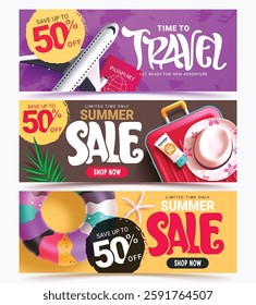 Travel time sale clipart banner set. Travel and sale text clip art with limited shopping discount 50% off in colorful background for holiday vacation trip flyers and advertisement collection vector 