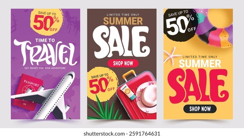 Travel time sale clipart poster set. Summer and travel sale text clip art collection with 50% off limited shopping discount for flyers and advertisement vacation trip adventure in colorful background 