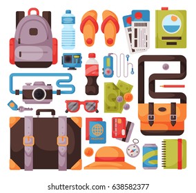Travel time summer vacation vector accessory in flat style with traveling and tourism icons.
