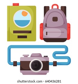 Travel time summer vacation vector accessory in flat style with traveling and tourism icons.