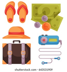 Travel time summer vacation vector accessory in flat style with traveling and tourism icons.