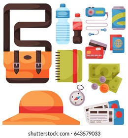 Travel time summer vacation vector accessory in flat style with traveling and tourism icons.