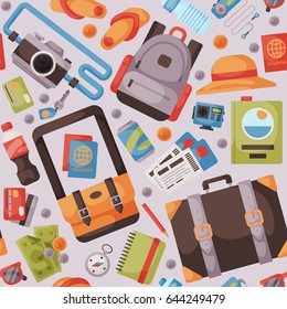 Travel time summer vacation vector accessory in flat style with traveling and tourism icons seamless pattern background