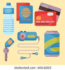 Travel time summer vacation vector accessory in flat style with traveling and tourism icons.