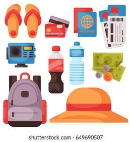 Travel time summer vacation vector accessory in flat style with traveling and tourism icons.