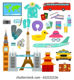 Travel time summer vacation vector symbols in flat style traveling and tourism icons accessories illustration