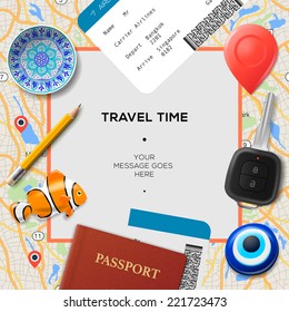 Travel time template. International passport, boarding pass, tickets with barcode, amulets and key on the map background, vector illustration. 